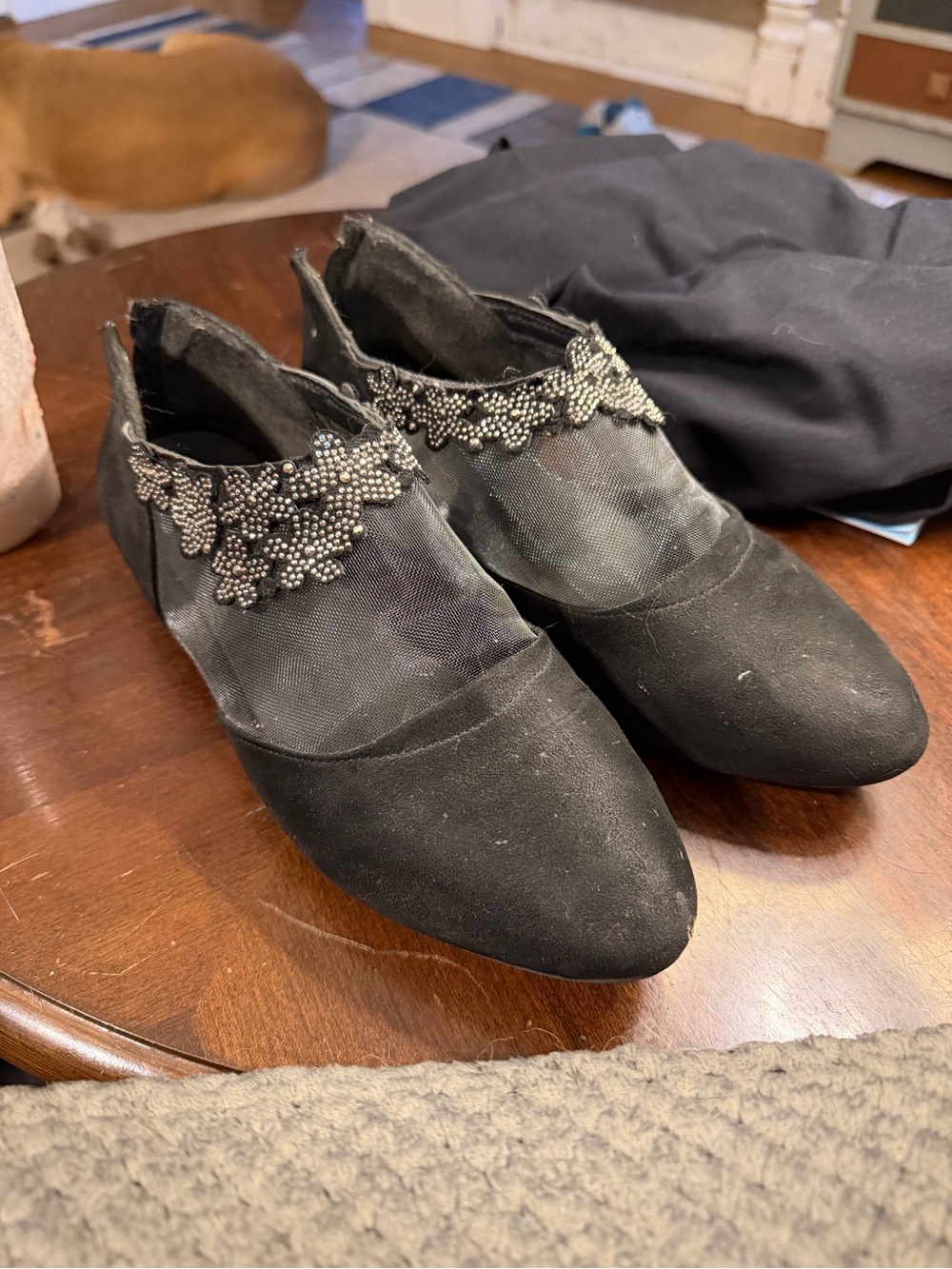 Beaded Black Mesh Pointed Flats for Women